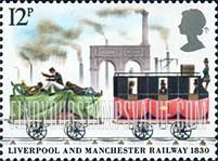 FindYourStampsValue: Great Britain (United Kingdom): 150th Anniversary of Liverpool and Manchester Railway - Flat Car, Mail Coach