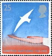 FindYourStampsValue: Great Britain (United Kingdom): Peace & Freedom - Dove, Outstretched Hand, UN, 1945-95