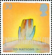 FindYourStampsValue: Great Britain (United Kingdom): Peace & Freedom - Hands above Earth, UN 1945-95