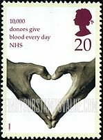 FindYourStampsValue: Great Britain (United Kingdom): National Health Service, 50th Anniversary - Hands forming Heart, "10,000 Donors Give Blood Every Day"