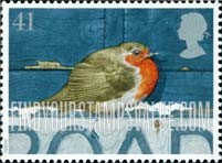 FindYourStampsValue: Great Britain (United Kingdom): Christmas - Robin sitting on Snow Covered Road Sign, Blue Fence