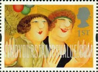 FindYourStampsValue: Great Britain (United Kingdom): Greetings in Art - 'Girls on the Town', by Beryl Cook