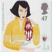 FindYourStampsValue: Great Britain (United Kingdom): Changing Tastes in Britain - Woman with pasta Bowl and Wine Glass
