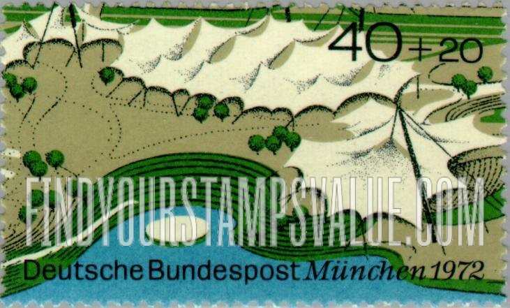 FindYourStampsValue: SEMI-POSTAL - Olympic Games Site, Munich: Tent and lake