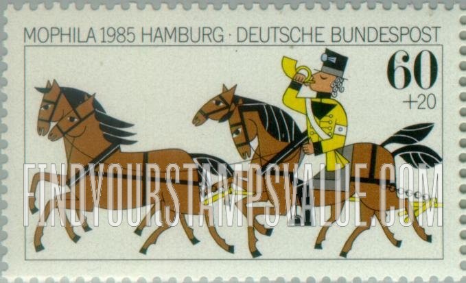 FindYourStampsValue: SEMI-POSTAL - MOPHILA '85, Hamburg, September 11-15: Coachman,horses