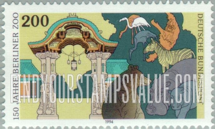 FindYourStampsValue: Carl Hagenbeck (1844-1913), Circus Director, Animal Trainer, and Berlin Zoo, 150th Anniversary: Zoo entrance, animals