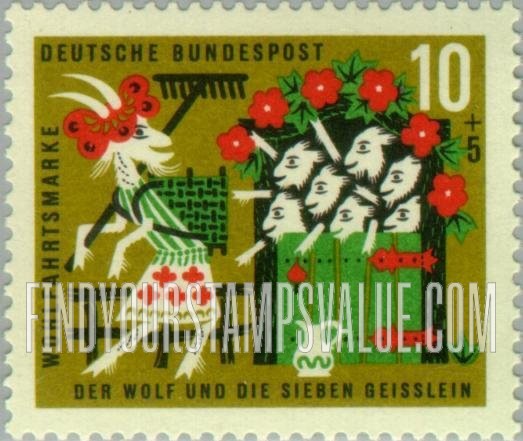 FindYourStampsValue: SEMI-POSTAL - Various Scenes from the Grimm Brothers' “The Wolf and the Seven Kids”: Fairy Tale Type of 1960