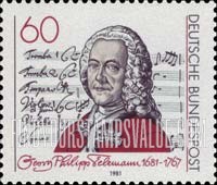 FindYourStampsValue: 300th Birth Anniversary of Georg Philipp Telemann, Composer - Georg Telemann and Title Page of "Singet dem Herrn", Cantata