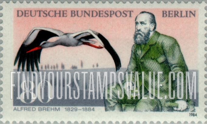 FindYourStampsValue: BERLIN - Alfred Brehm (1829-1884), Zoologist: Brehm, white stork