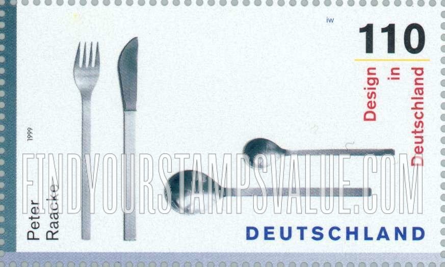 FindYourStampsValue: 20th Centennial German Design Type of 1998: Knife, fork, spoon and teaspoon, by Peter Raacke, 1959