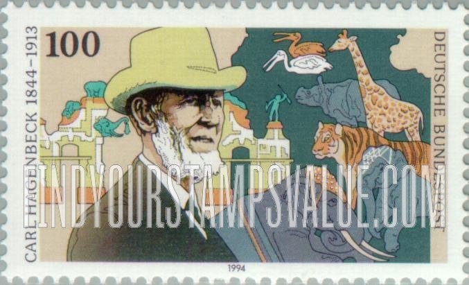 FindYourStampsValue: Carl Hagenbeck (1844-1913), Circus Director, Animal Trainer, and Berlin Zoo, 150th Anniversary: Hagenbeck, circus animals, zoo entrance