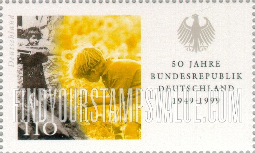 FindYourStampsValue: Federal Republic of Germany, 50th Anniversary: Child carrying wood, child picking flower