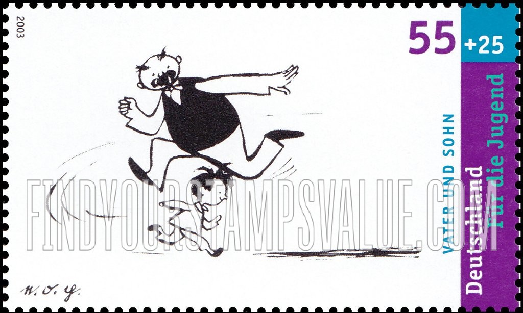 FindYourStampsValue: SEMI-POSTAL - Father and Son, Cartoons by Ehrich Ohser: Father and son running in different directions