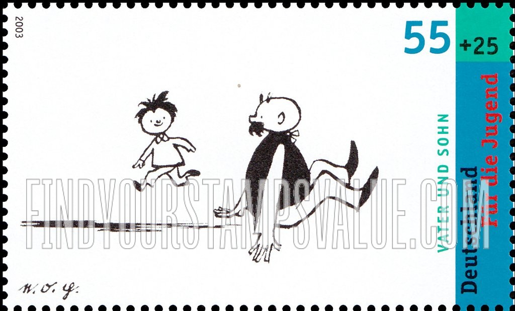 FindYourStampsValue: SEMI-POSTAL - Father and Son, Cartoons by Ehrich Ohser: Son running, father seated