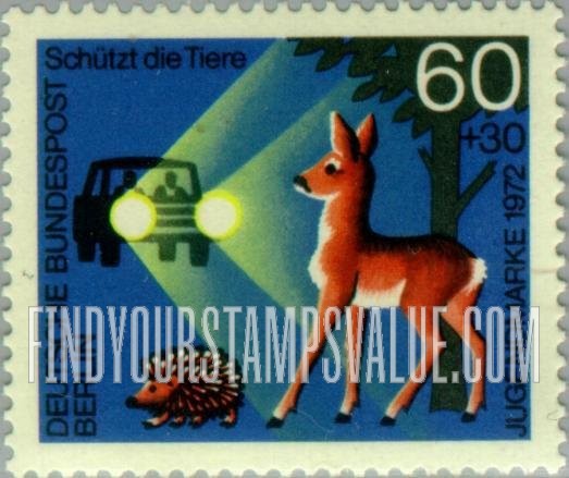 FindYourStampsValue: OCCUPATION SEMI-POSTAL - Animal Protection Type of 1972: Hedgehog & deer passing before car at night