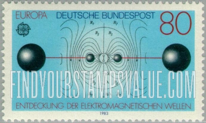 FindYourStampsValue: Europa 1983: Electromagnetic waves by Heinrich Hertz - Resonant circuit, electric flux lines