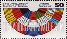 FindYourStampsValue: First Direct Elections to the European Parliament - Parliament Benches in Flag Colors of Members
