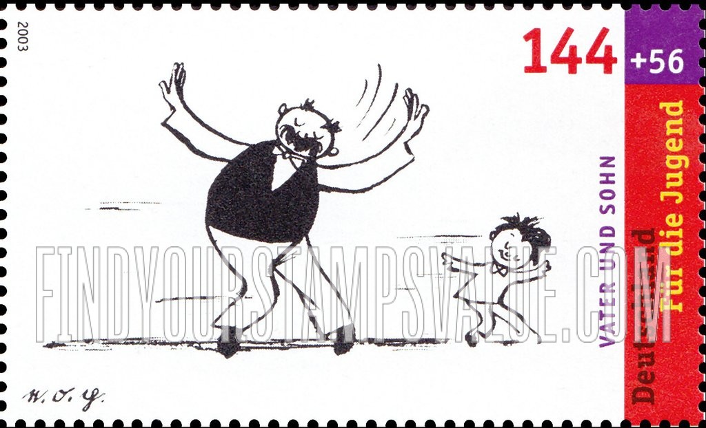 FindYourStampsValue: SEMI-POSTAL - Father and Son, Cartoons by Ehrich Ohser: Father and son with arms extended