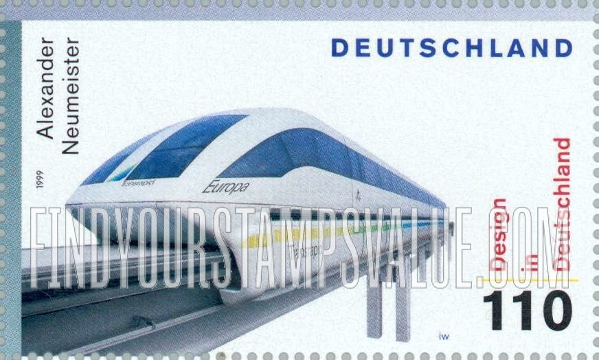 FindYourStampsValue: 20th Centennial German Design Type of 1998: “Transrapid,” Maglev train, by Alexander Neumeister, 1982