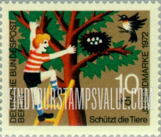 FindYourStampsValue: OCCUPATION SEMI-POSTAL - Animal Protection Type of 1972: Boy trying to rob bird’s nest