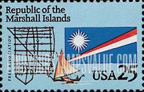 FindYourStampsValue: MARSHALL ISLANDS - Stick Chart, Canoe & Republic of the Marshall Islands Flag