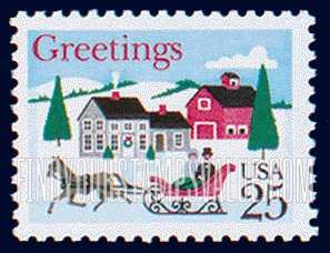 FindYourStampsValue: CHRISTMAS - One-horse Open Sleigh and Village Scene
