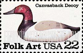 FindYourStampsValue: DUCK DECOYS, Canvasback Duck - American Folk Art