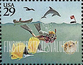 FindYourStampsValue: WONDERS OF THE SEA - Diver, Motorboat