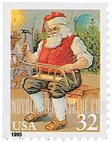 FindYourStampsValue: CHRISTMAS - Santa Claus Working on Sled, Self-Adhesive Stamp