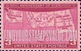FindYourStampsValue: STATEHOOD 50th ANNIVERSARY - Map of North and South Dakota, Montana and Washington