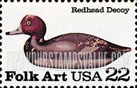 FindYourStampsValue: DUCK DECOYS, Redhead Duck - American Folk Art