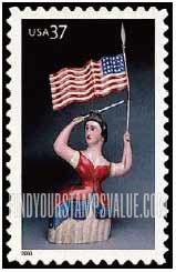FindYourStampsValue: OLD GLORY - Carving of Woman with Flag and Sword, 19th century, Self-Adhesive Booklet Stamp